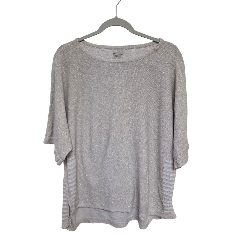 Chicos‎ Sparkle Knit Top Dolman Sleeve Boat Neck Silver Beige Women's Size 3 XL